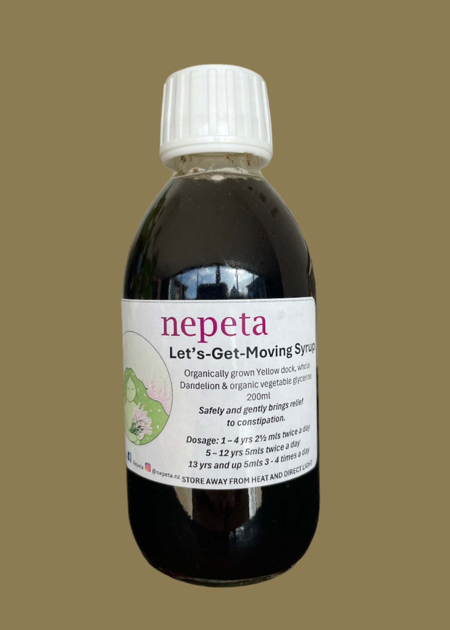 Bottle of nepeta with a label on a neutral background